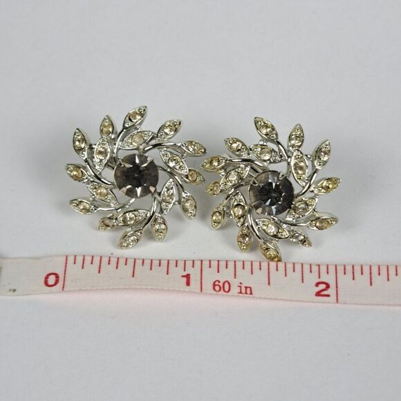 Vintage Sarah Coventry Clip On Earrings Silver Tone Smoky Rhinestone - Picture 4 of 9